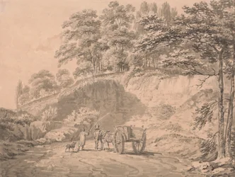 Homme avec cheval et charrette entrant dans une carrière